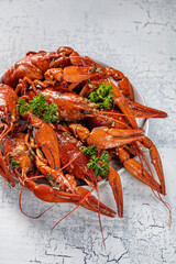 Table with cooked crayfish