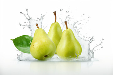 Fototapeta na wymiar Three pears are splashing into the water. Water or juice splash on white background