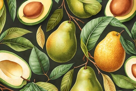 Continuous design of watercolor avocado fruits for backgrounds and textiles. Generative AI