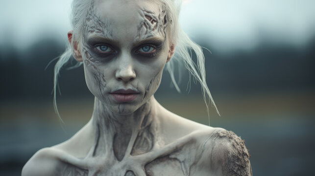 A pale-skinned female zombie with a blank stare, creature from horror and apocalypse stories.