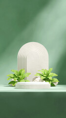 arch shape and green plant, 3d render image blank space white natural ceramic podium in portrait