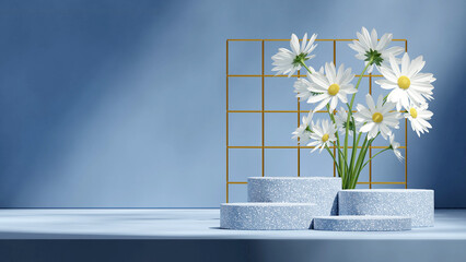 gold grid and white daisy, 3d render image blank mockup blue terrazzo pattern podium in landscape