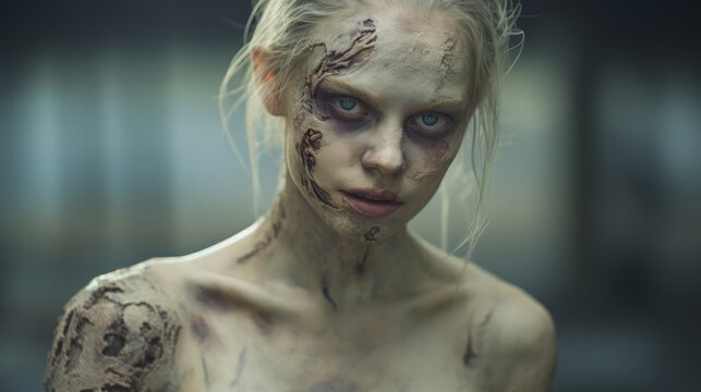 A pale-skinned female zombie with a blank stare, creature from horror and apocalypse stories.