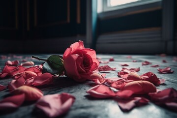 A rose with scattered petals rests on room floor. Generative AI