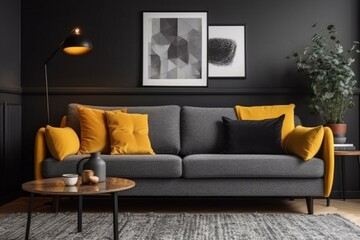 Cozy grey Scandinavian sofa, adorned with vibrant yellow, orange, black, and brown pillows, rests in a lively living room featuring abstract wall art. Generative AI