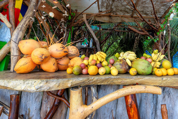 Beach bar with mixed local fruits on Seychelles tropical island.