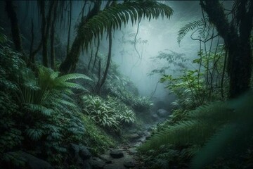 Misty forest with dense vegetation. Generative AI