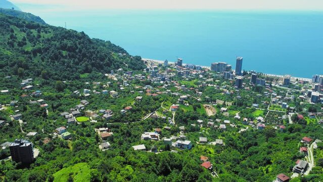 Areal panorama of Kvariati beach, Gonio and Batumi city, Georgia. View from throne on Black Sea coast in Gonio in Georgia near Turkish border on sunny day
