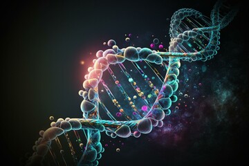 3D illustration of DNA strand on digital background. Generative AI