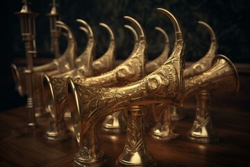 Seven golden trumpets from the Advent Bible Revelation, depicted as warning horns in a 3D illustration. Generative AI - obrazy, fototapety, plakaty
