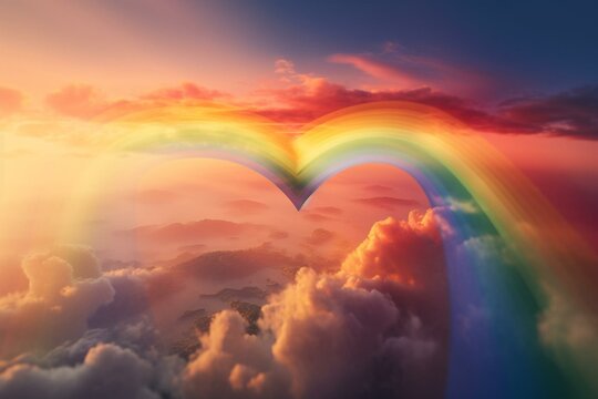 Valentine's day artwork featuring a heart and rainbow in the sky, symbolizing love including LGBT relationships. Generative AI