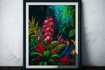 Colorful blooming flowers in a rainforest painting, perfect for printable wall art. Jungle illustration brought to life with digital art. Generative AI