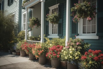 Fototapeta na wymiar Exterior siding house, architecture, sidewalk, colorful flowers in planter, Charleston, South Carolina. Generative AI