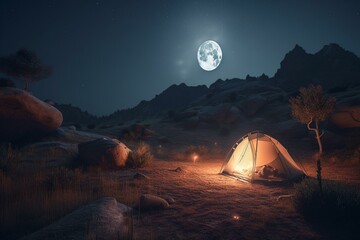 Moonlit camping trip with tent and bonfire; ideal for vacation. Minimalist 3D depiction. Generative AI
