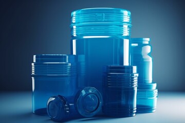 Stacked blue liquid containers on white background. Generative AI
