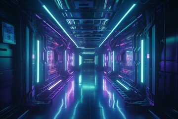 Fototapeta na wymiar Futuristic passageway adorned with radiant neon lighting in varying shades of blue, purple and green. Generative AI