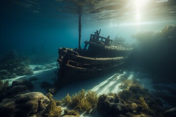 Fototapeta premium Sunken shipwreck in the depths of the Mediterranean Sea. Generative AI