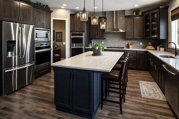 Stylish kitchen in new upscale house boasts quartz island, hardwood floors, dark wood cabinets, and stainless steel appliances. Generative AI