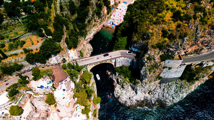 Aerial view: Furore Bridge Overlooking the Mediterranean Fjord on Italy's Enchanting Amalfi Coast	