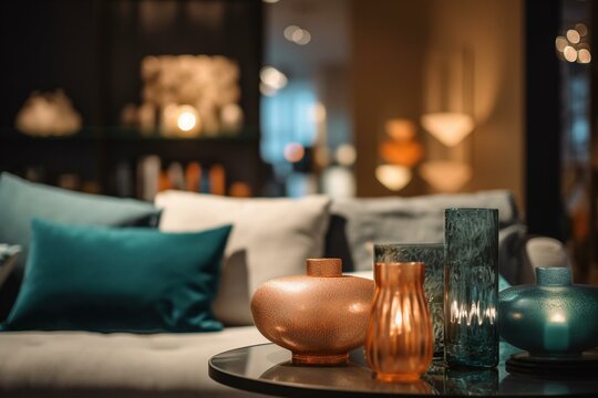 In-store Selection Of Living Room Home Accessories And Household Products. Fashion Retail Shop With Sofa, Pillows, And Abstract Bokeh. Generative AI