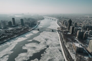 A panoramic view of a city in winter featuring skyscrapers and a frozen river. Generative AI