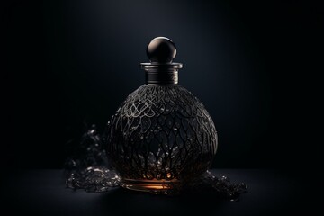 An elegant black fragrance bottle emitting smoky tendrils against a dark background. Generative AI
