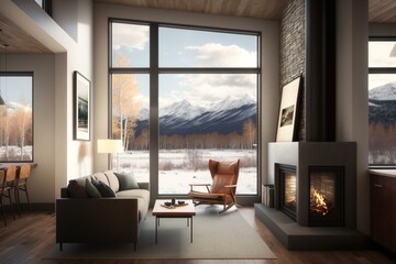 Cozy living room, contemporary hearth, snow-capped mountain view. Generative AI