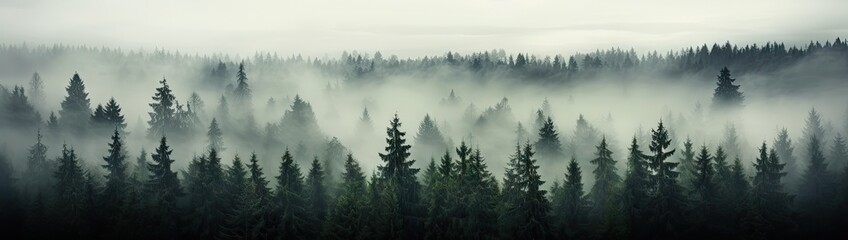 dark pine trees in mist Generative AI