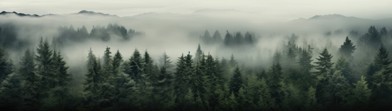 a forest with some trees covered in fog Generative AI © sean