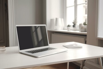 Fototapeta na wymiar Frameless blank screen laptop on white wooden table in a home interior - mockup template. Generative AI