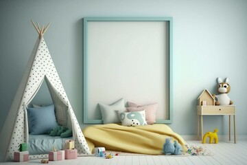 Empty picture frame in kids bedroom with toys and bed, 3D render. Generative AI