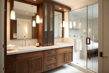 Contemporary bathroom with shower, wood vanity, double sink, and twin mirrors. Generative AI