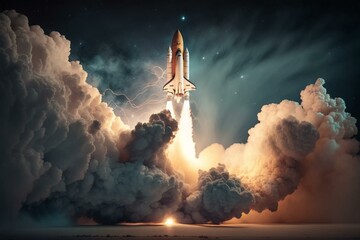 Rocket launch with massive smoke cloud, spaceship blasts off into night sky, space shuttle takes off to space. Generative AI