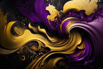 Purple & yellow paint swirls with gold powder on contemporary art banner. Generative AI