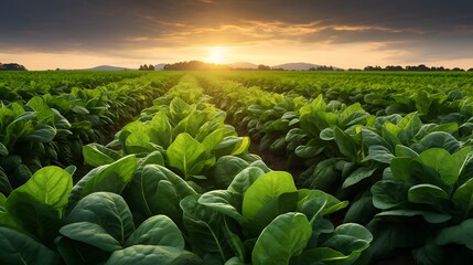 field of salat and cucumber at sunset