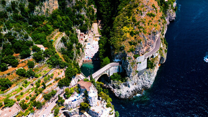 Aerial drone view of Fjord of Furore. The azure waters, cliffs and famous bridge in Amalfi coast, Italy	 - obrazy, fototapety, plakaty