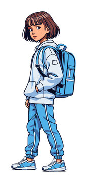 Back to school. A teenage girl with a backpack is walking to school. The schoolgirl is dressed in a hoodie, sweatpants and sneakers. Female student character. Vector illustration