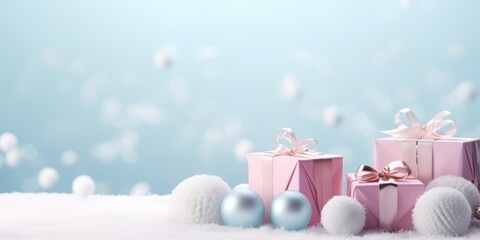 A pile of presents sitting on top of a snow covered ground. Digital image.