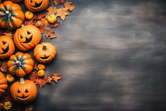 halloween pumpkin. frame, flatley and place for text. orange and black. scary and cute smile