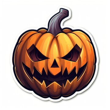 A sticker of a pumpkin with an evil face. Digital image.