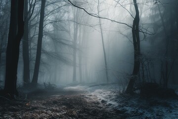 Winter forest with mist and haze. Generative AI
