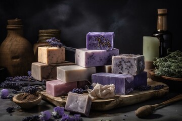 Fototapeta na wymiar Assorted soap bars made with lavender, cotton, and patchouli on a stone background. Generative AI