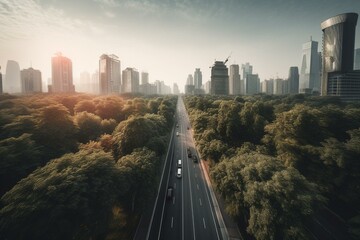 Fototapeta na wymiar Hangzhou, China skyline with trees and road. Generative AI