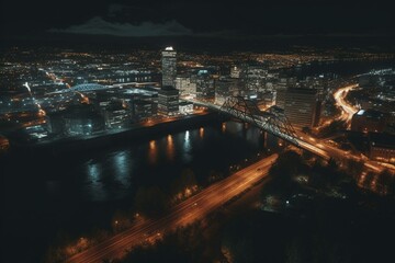 Fototapeta na wymiar Night view of city lights in Portland. Generative AI