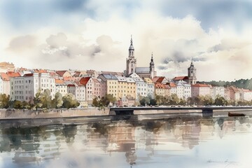 Watercolor painting of Rzeszow's city skyline. Generative AI