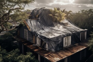 Damaged house rooftop with plastic tarp after Hurricane Ian; protecting against rain until shingles are replaced. Generative AI