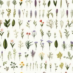 A bunch of different types of flowers on a white background. Digital image. Seamless floral pattern with different types of flowers, standalone illustrations on a white background.