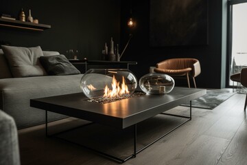 Contemporary lounge featuring a bioethanol fireplace. Generative AI