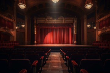Illustration of an empty theater stage with red curtain and seats. Generative AI - obrazy, fototapety, plakaty