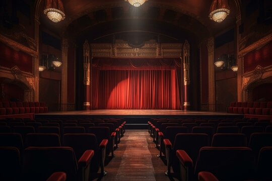 Illustration of an empty theater stage with red curtain and seats. Generative AI